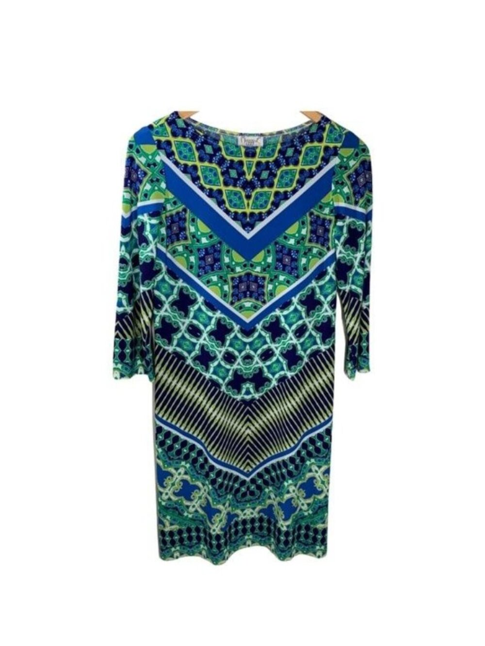 Maggy London Womens 4 Blue Geometric Print Sheath Dress 3/4 Sleeve Career
